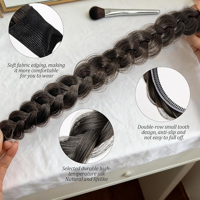2PC Braided Headband with Tooth – Wide Faux Hair Braid Wig Hairband, Messy Fishbone & Geflochten Haarband Shape – for Women Fashion Accessories for Oktoberfest, Wedding, Parties, Comb Fit(Black Brown)