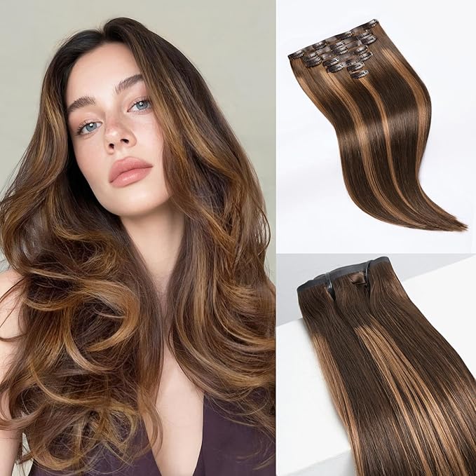 LUVME Straight Seamless 110g 7Pcs Clip in Hair Extensions Full Max with 24inch Remy Human Hair Extensions, Highlight Color 100% Real Soft