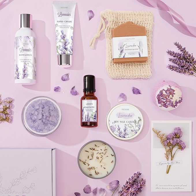 Gifts for Women, Lavender Bath and Body Gift Basket Relaxing Spa Self Care Gift, Mothers Day Gifts Happy Birthday Gift Baskets, Thank You for Mom Her Sister Wife Girlfriend Teacher Friends Friendship