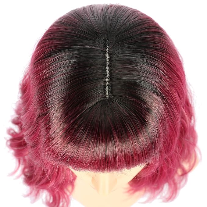 FAELBATY Short Wave Bob pink Wig With Bangs Synthetic Ombre Pink Cosplay Wig for women Halloween Wig Costume Wigs (12" Ombre Dark Red Color)