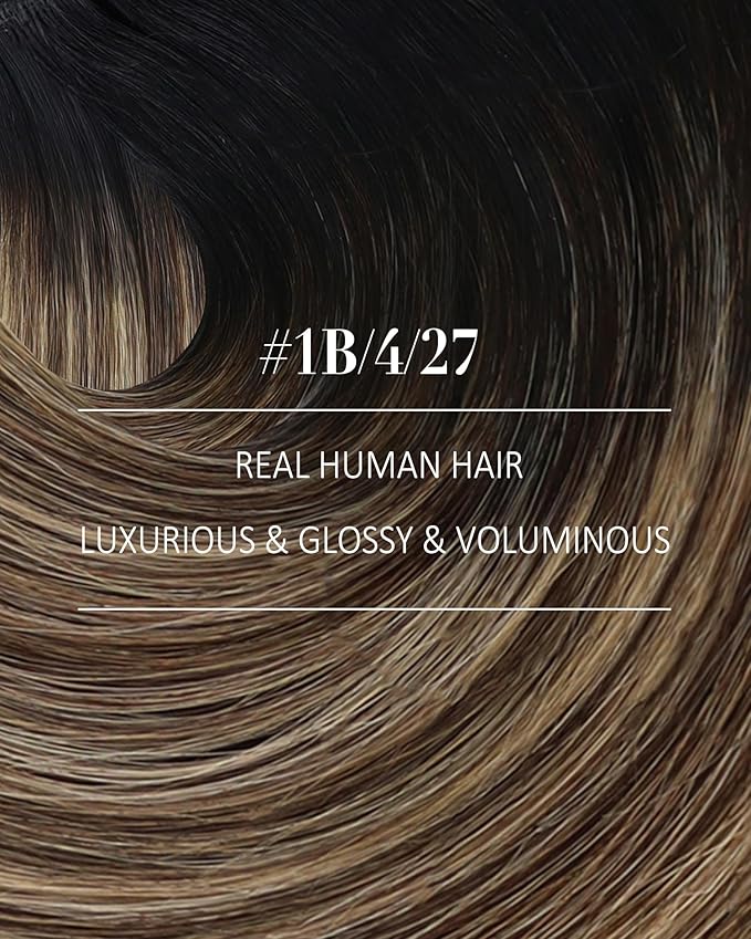 YoungSee 135G Hair Extensions Clip ins Ombre Black Clip in Hair Extensions Real Human Hair Balayage Natural Black Fading to Brown with Caramel Blonde Clip on Hair Extension Human Hair 7Pcs 16Inch