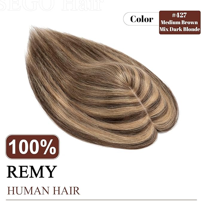 SEGO Real Human Hair Topper for Women without Bangs, Hair Topper with Anti-Slip Clips (8 Inch#4/27 Medium Brown Mix Dark Blonde)
