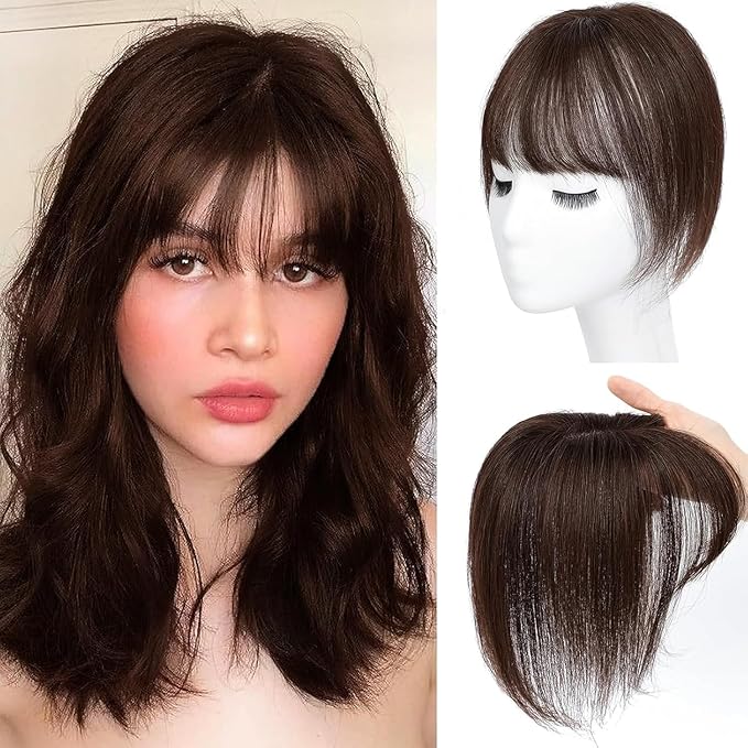 Amchoice Hair Toppers for Women Real Human Hair, Bangs Hair Clip 360° 3D Cover Bangs, Human Hair Toppers for Women Daily(Mocha, 3D Wispy Bangs (5 * 9))