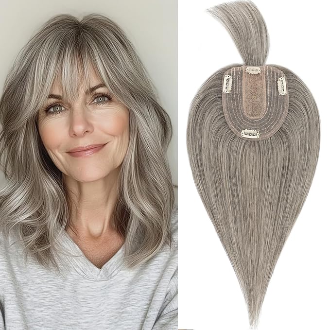 Rich Choices Real Human Hair Toppers for Women With Bang 100% Remy Human Hair Topper for Thinning Hair Clip in Silk Base Hair Topper 14 Inch Salt and Pepper G2 Silver