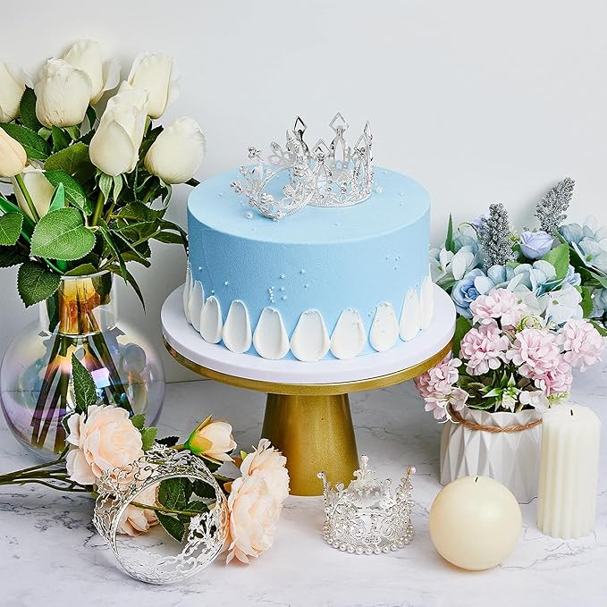Ferraycle 4 Pieces Silver Crown Cake Topper Birthday Mini Flower Bouquet Crown Cupcake Toppers Crystal Pearl Tiara Wedding Cake Top Hair Ornament for Doll Flower Arrangements Wedding