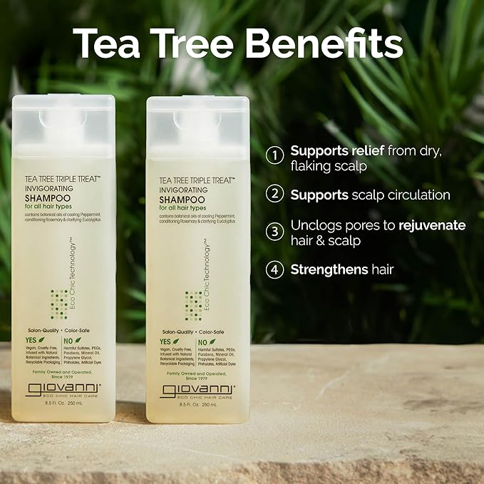 GIOVANNI Tea Tree Triple Treat Invigorating Shampoo - Cooling Peppermint, Eucalyptus & Rosemary, Helps Strengthen & Rejuvenate Hair & Scalp, Salon Quality, Paraben Free, Tea Tree Shampoo - 8.5 oz