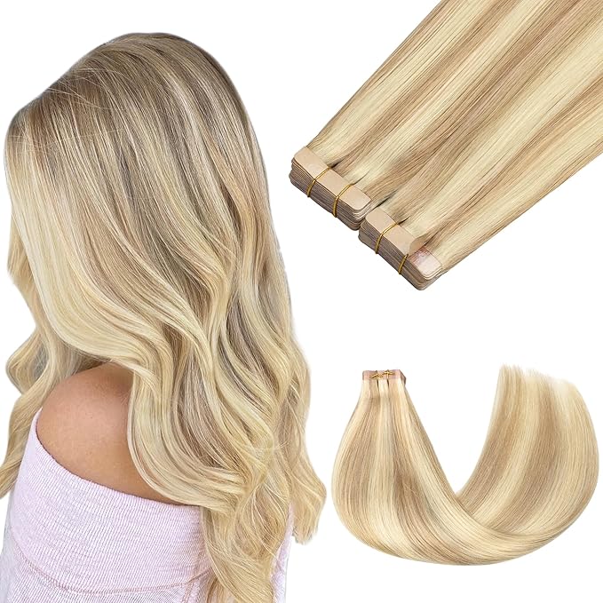 GOO GOO Tape in Hair Extensions Human Hair, 18A/613A Dark Blonde Highlighted Bleach Blonde, 14inch 100g 40pcs, Skin Weft Seamless Invisible, Silky Straight with Thick Ends, Remy Human Hair
