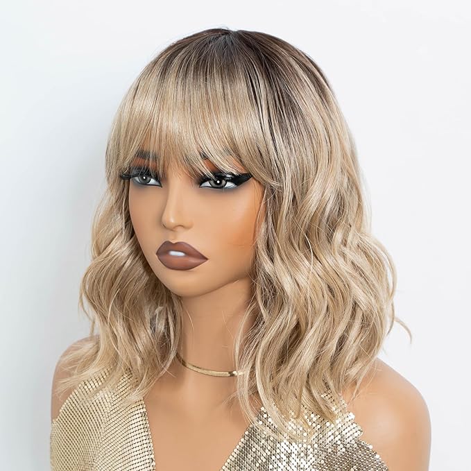 NOBLE Bob Wig Short Wigs for Women Bob Curly Wavy Hair Wigs with Bangs Heat Resistant 12 Inches Synthetic Wig for Cosplay Daily Use