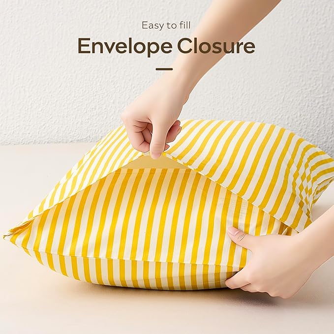 JELLYMONI 100% Natural Cotton Striped Standard Pillowcases Set, 2 Pack Bright Yellow Stripes Pattern Printed Pillow Covers with Envelope Closure(Pillows are not Included)