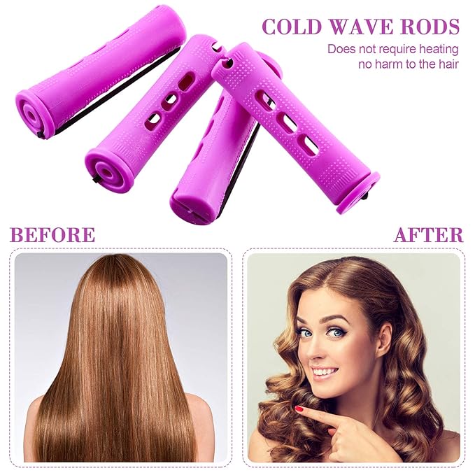 48 Pieces Hair Perm Rods Short Cold Wave Rods Plastic Perming Irons Hair Curling Rollers Curlers with Steel Pintail Comb Rat Tail Comb for Hairdressing Styling Supplies(0.75 Inch,Purple)