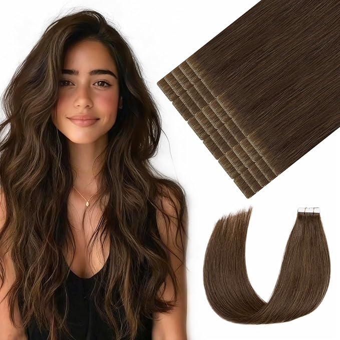 Youngsmile Insert Tape in Hair Extensions Injection Human Hair Extensions #4 Chocolate Brown Invisi Edge Tape ins Remy Human Hair 16 Inch Injected Hair Tape in Extensions 20pcs 35g Straight (#4,16'')