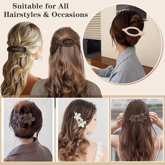 6 PCS Flat Hair Clips, French Lay Flat Claw Clips for Women Girls, 3 Styles Strong Hold Non-slip Matte Hair Claws for Thin Thick Hair(Navy&Brown)