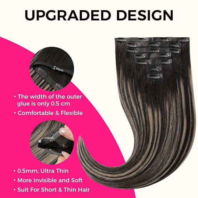 Lashey Seamless Clip in Hair Extensions Human Hair, 110g 7pcs Straight Balayage Natural Black to Light Blonde Highlighted Clip in Hair Extensions for Black Women 18 Inch