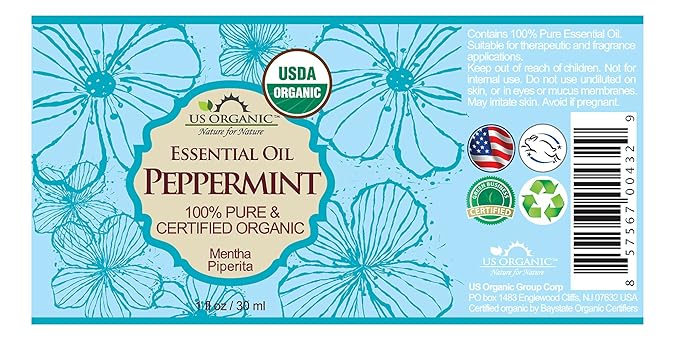 US Organic 100% Pure Peppermint Essential Oil - USDA Certified Organic - 30 ml - w/Improved caps and droppers (More Size Variations Available)