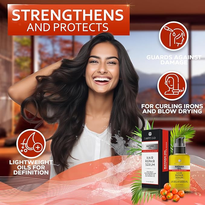Batana Oil Hair Serum - Repair Thinning, Dry, Damaged, Fine and Split Ends - Thickening, Lightweight Formula - Anti Frizz and Heat Protection Control Products for Men and Women - Curly and Frizzy Mix