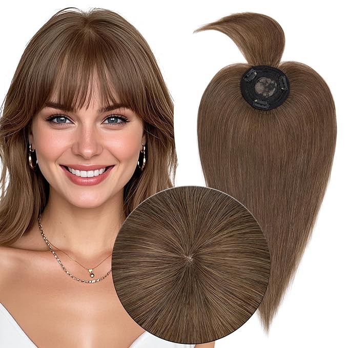 MY-LADY Human Hair Toppers for Women Real Human Hair with Bangs Thin 8.5 * 8.5CM Mono Base Clip in Remy Hairpieces Light Weight 14 Inch Medium Brown