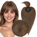 MY-LADY Human Hair Toppers for Women Real Human Hair with Bangs Thin 8.5 * 8.5CM Mono Base Clip in Remy Hairpieces Light Weight 14 Inch Medium Brown