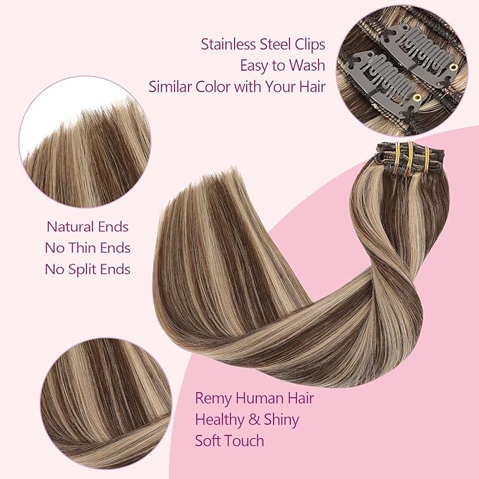 PINKPEARL Clip in Hair Extensions Human Hair 20inch 120g 7pcs Remy Human Hair Extensions Clip in #4P27 Chocolate Brown Highlighted Caramel Blonde Clip Hair Natural Human Hair(#4P27-20)