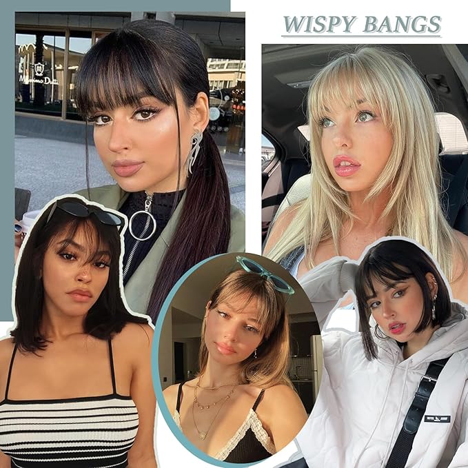 Clip in Bangs Real Human Hair Natural Black Wispy Bangs Fake Bangs with Fringe Clip on Bangs Curved Bangs Hairpieces for Women Daily Wear