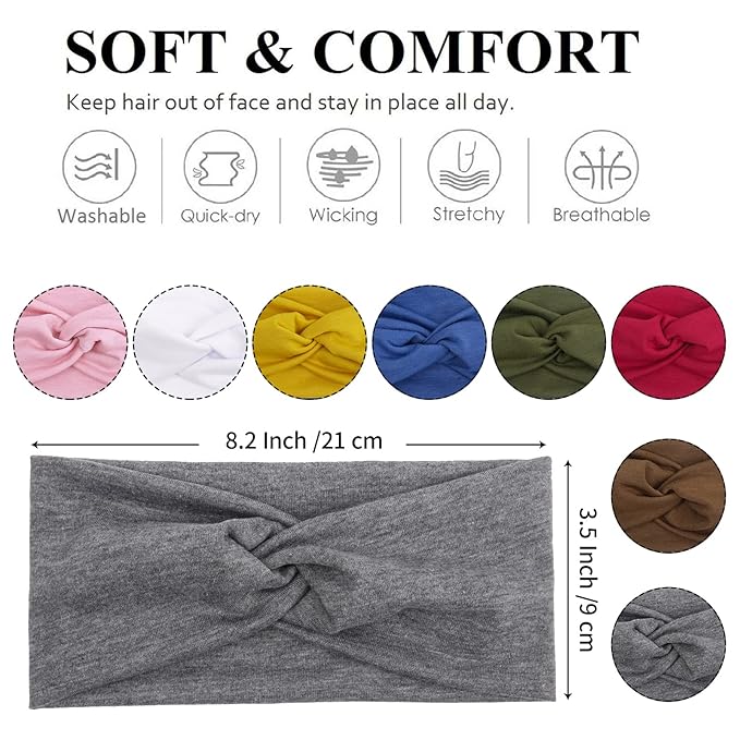 Tobeffect Headbands for Women Non Slip Turban Headband Boho Wide Head Band Womens Hair Wraps Accessories for Teen Girls 8 Pack Solid Colors