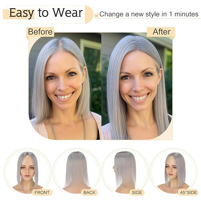 SEGO Grey Hair Toppers for Women Real Human Hair No Bangs, 7 * 13 CM Silk Base Clip In Topper Wiglet, Top Pieces Add Volume -10 Inch G1 Silver Grey