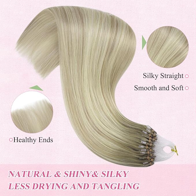 YoungSee Micro Link Hair Extensions Human Hair Blonde Ombre Microloop Hair Extensions Human Hair Blonde to Platinum Blonde Bead Hair Extensions Human Hair 16In Balayage Micro Links Hair Soft 50s/50g