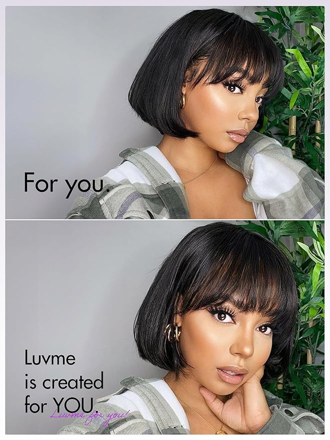 LUVME HAIR 10 Inch Silky Straight Bob Wig with Bangs Human Hair Realistic HD Lace Short Black Bob Wigs, Ready to Go Blunt Cut Bob Wig Glueless 180 Density