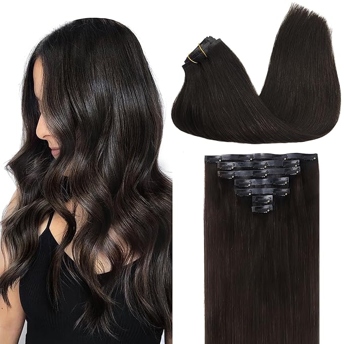 GOO GOO Clip in Hair Extensions Real Human Hair, Remy Human Hair Extensions Clip ins for Women, Natural Human Hair, 16inch 110g 7Pcs, 2 Dark Brown