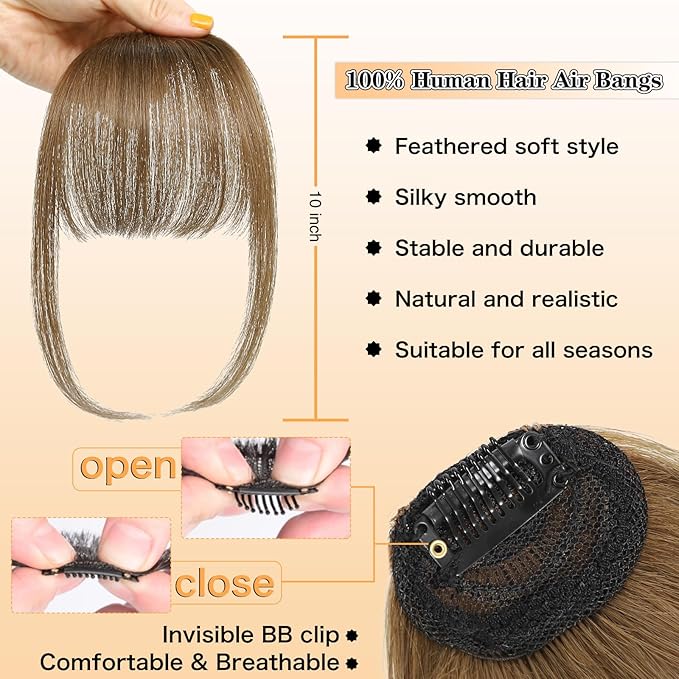 NAYOO Bangs Hair Clip - Moca Brown Fake Bangs 100% Real Human Hair Extensions Wispy Bangs for Women Fringe with Temples Hairpieces Curved Bangs for Daily Wear