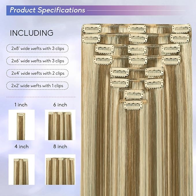 Blonde Clip in Hair Extensions Real Human Hair, 22 Inch 110g Natural Human Hair, Remy Human Hair Extensions Cip ins for Women 8pcs Per Set #16/22 Light Blonde Highlighted Golden Blonde