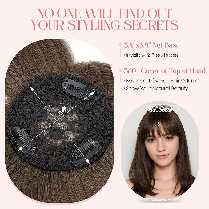 Hairro Mono Hair Toppers with Bangs, 3.4" x 3.4" Mono Base 100% Real Human Hairpieces for Women, 150% Density Clips In Topper for Greyish Thinning Hair, 16 Inch Cocoa Brown