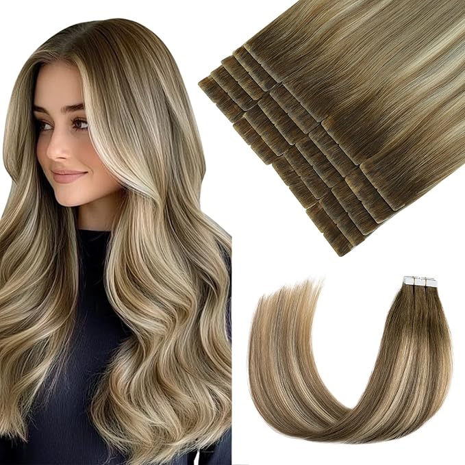 Pinkpearl Invisible Tape in Hair Extensions Human Hair, 20pcs 20inch 55g #3/8/22 Balayage Walnut Brown to Ash Brown and Golden Blonde Injection Tape in Extensions Real Remy Human Hair Injected