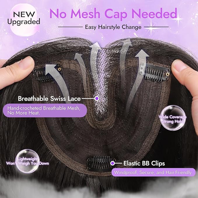Dark Brown with Caramel Highlights Synthetic Hair Toppers for Women with Thinning 3D 360° Cover Clip in Wispy Bangs Upgraded Adjustable Bandage 24 Inch Long Layered