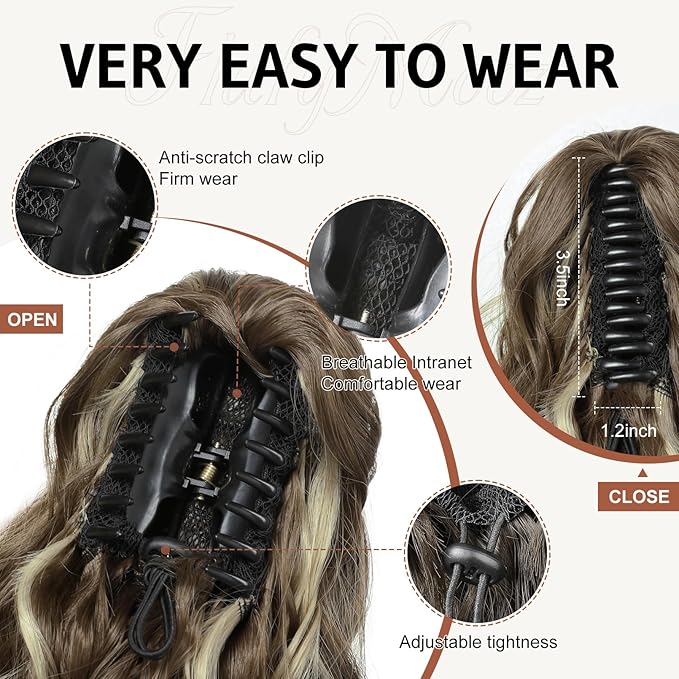 FLUFYMOOZ Wavy Curly Claw Clip Ponytail Extension, 18 Inch Natural Fake Ponytail Synthetic Hairpiece for Women (Medium Brown Ash Blonde)