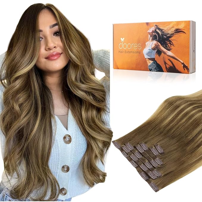 DOORES Seamless Clip-in Hair Extensions, Medium Brown Highlighted Dirty Blonde, 24 Inch, 160g, 7pcs, Real Human Hair, Straight, Remy, Thick, Invisi Edge