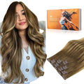 DOORES Real Human Hair Extensions - Medium Brown Highlighted Dirty Blonde, 7pcs 14 Inch 110g, Seamless Clip In, Invisi Edge, Straight