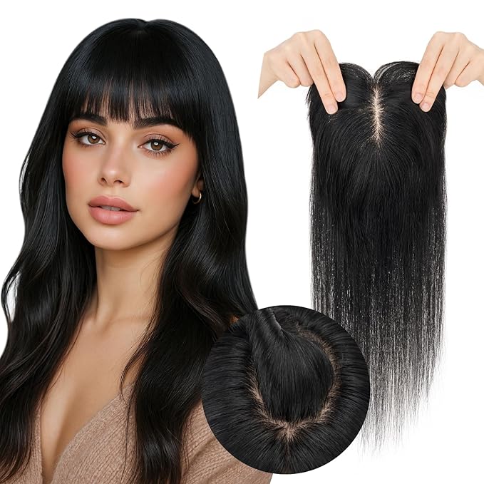Real Human Hair Toppers for Women 3.54"*4.72" Silky Base 150% Density With Bangs Adjustable Parting Clip-In Topper Hairpieces for Women with Thinning Hair 16 Inches Dark Black