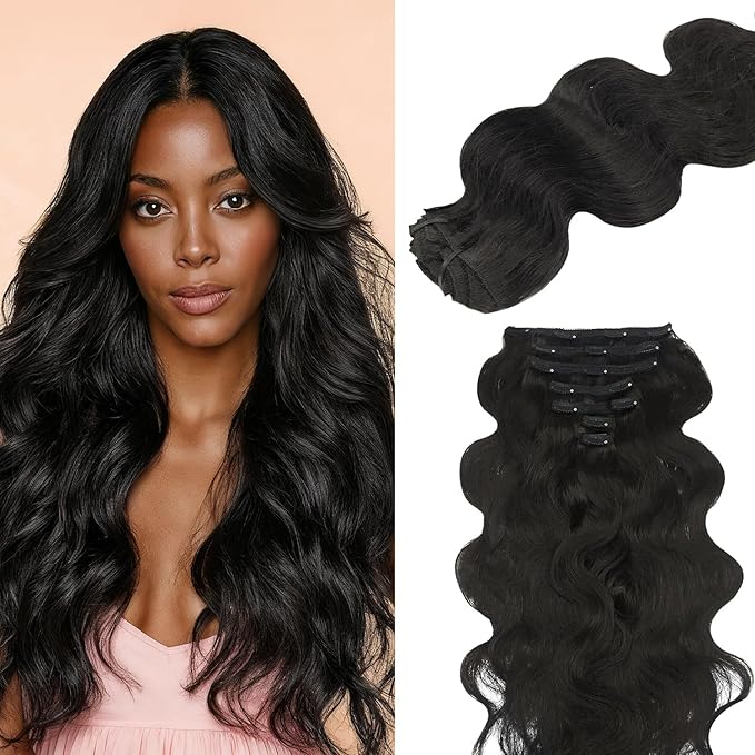Lashey Body Wave Clip in Hair Extensions for Black Women, 20 Inch 7pcs 120g Natural Black Remy Human Hair Extensions Thick Hair with Lace Weft Clip Ins