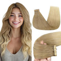 GOO GOO Tape in Hair Extensions Human Hair, O18G/22G(L) Golden Beige Blonde with Ash Highlights, 22inch 50g 20pcs, Skin Weft Seamless Invisible, Silky Straight with Thick Ends, Remy Human Hair