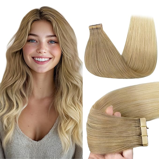 GOO GOO Tape in Hair Extensions Human Hair, O18G/22G(L) Golden Beige Blonde with Ash Highlights, 24inch 50g 20pcs, Skin Weft Seamless Invisible, Silky Straight with Thick Ends, Remy Human Hair