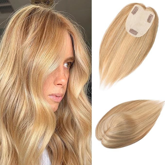 Human Hair Toppers for Women with Thinning Hair Real Human Topper Crown No Bangs 10 Inch #12P613 Golden Brown mix Bleach Blonde