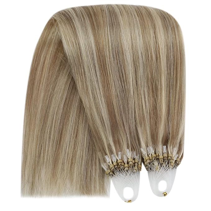YoungSee Micro Beads Hair Extensions Brown Highlight Micro Loop Hair Extensions Human Hair Light Brown and Blonde Highlight Microlink Hair Extension Human Hair for Long Hair 24In 50s 50g