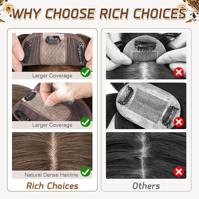 Rich Choices Real Human Hair Toppers for Women With Bang 100% Remy Human Hair Topper for Thinning Hair Clip in Silk Base Hair Topper 16 Inch #2R Chocolate Brown