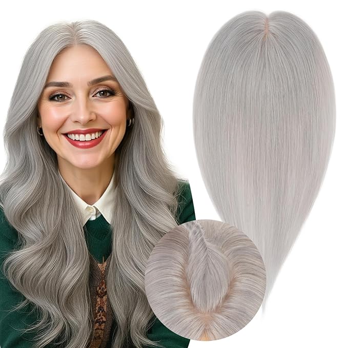 Real Human Hair Toppers for Women 3.54"*4.72" Silky Base 150% Density No Bangs Adjustable Parting Clip-In Topper Hairpieces for Women with Thinning Hair 12 Inches Silver Grey