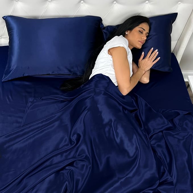 Mulberry Park 30 Momme 100% Pure Mulberry Silk Pillowcase - Luxury Charmeuse Weave for Hair and Skin, Cooling Silk Pillow Cover for Beauty Sleep - King Size 20"x30" / Navy