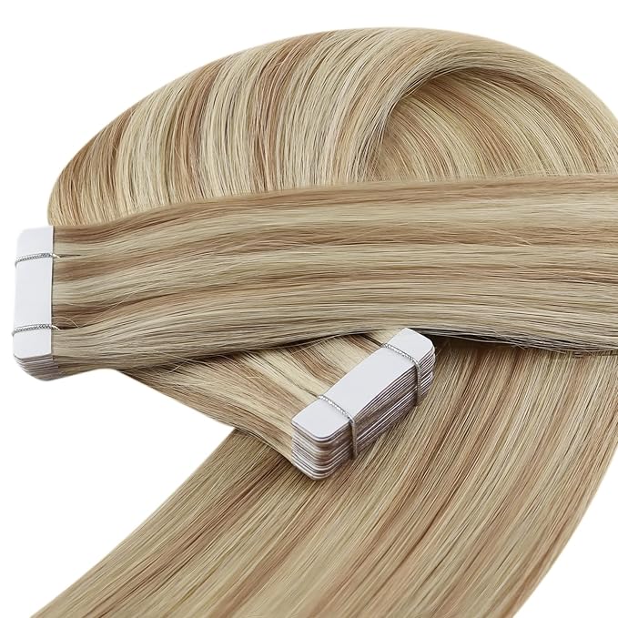 YoungSee Human Hair Tape in Extensions Blonde Highlight Tape Hair Extensions Light Blonde Highlights Strawberry Hair Extension Real Human Hair Tapes Invisible 16In 20pcs 50g Straight Hair
