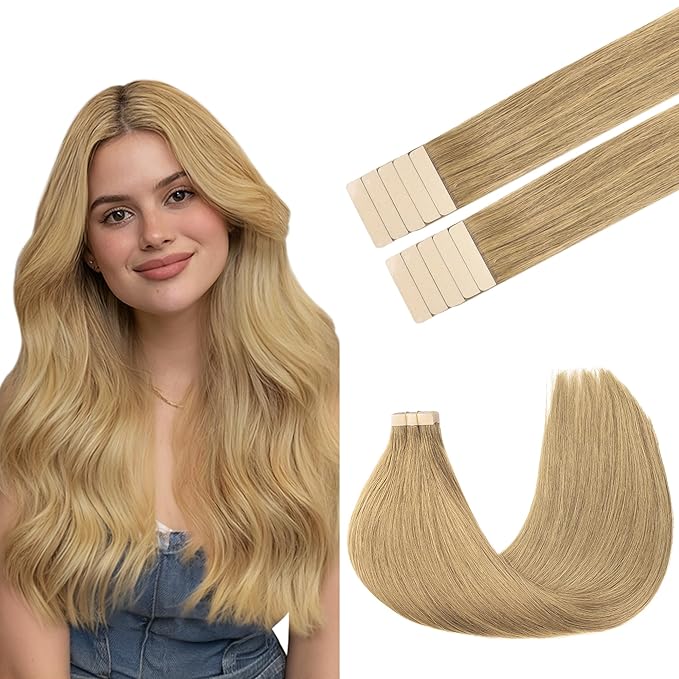 GOO GOO Tape in Hair Extensions Human Hair, 7 Bronde, 22inch 30g 10pcs, Skin Weft Seamless Invisible, Silky Straight with Thick Ends, Remy Human Hair