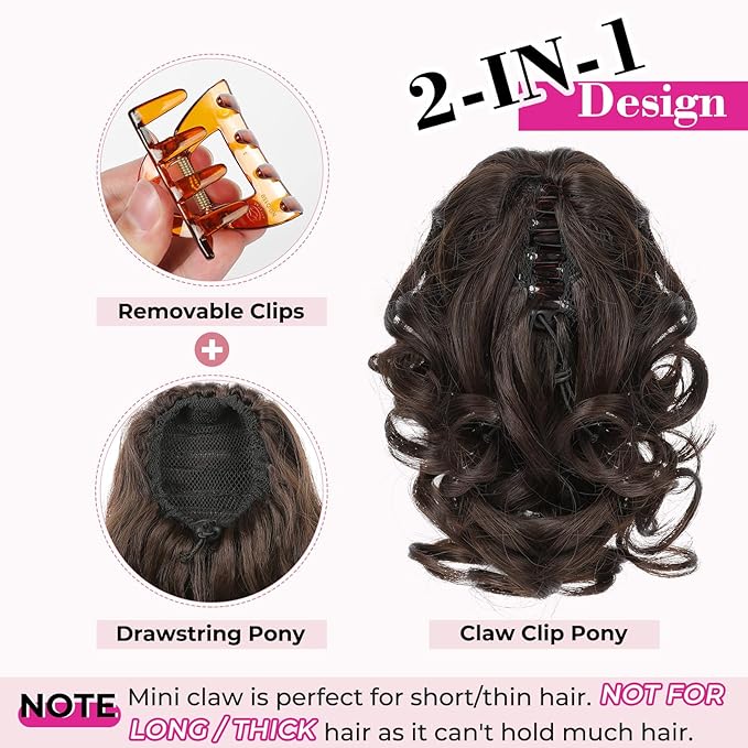 REECHO Ponytail Extension, 9" Claw Clip in Short Curly Wavy Pony Hair Extension Jaw Clip on Pony Tail HP001 Hairpiece for Women - Dark Chocolate Brown