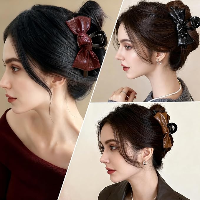 3Pcs Patent Leather Hair Claw Clips Set, Bowknot Hair Jaw Clamps in Brown-Black-Burgundy, Non-Slip Strong Hold Hair Accessories for Thin/Medium/Thick, Stylish Hair Grips for Women and Girls