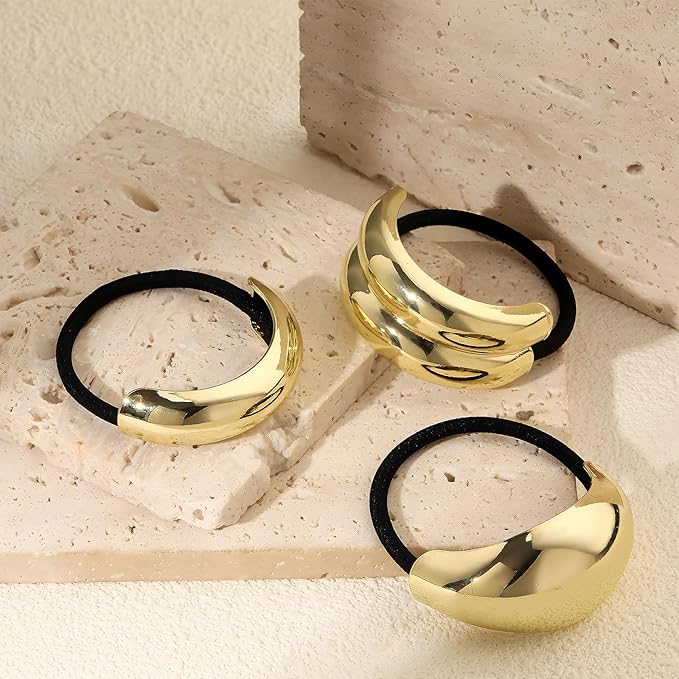 3PCS Gold Hair Ties, Metal Hair Ties for Thick Hair, Elegant Durable Geometric Design, Gold Hair Accessories Stretchy and Non-Damage Ponytail Cuff Holders, 3 Styles in Box Holiday Gifts